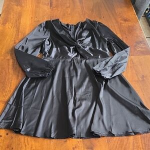 Temu Black Satin Long Sleeve Cut Out Fit & Flare Mini Dress XL
